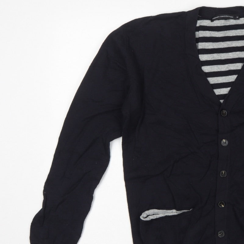 French Connection Men's Black M Button V-Neck Striped Knit Cardigan