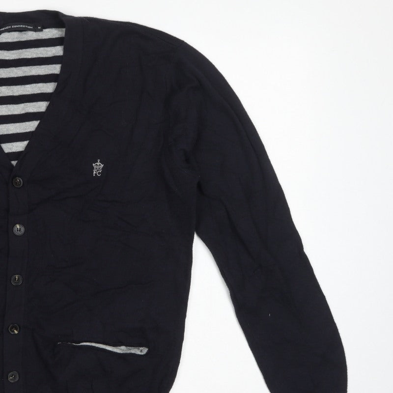 French Connection Men's Black M Button V-Neck Striped Knit Cardigan