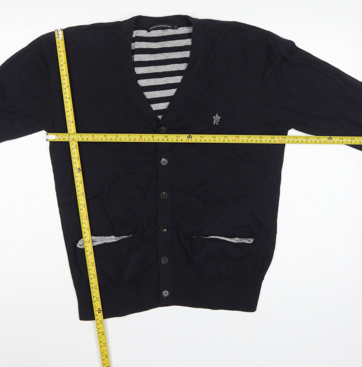 French Connection Men's Black M Button V-Neck Striped Knit Cardigan