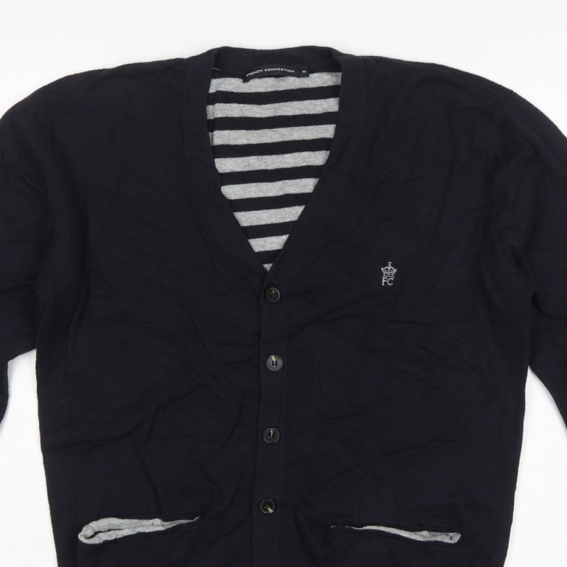 French Connection Men's Black M Button V-Neck Striped Knit Cardigan