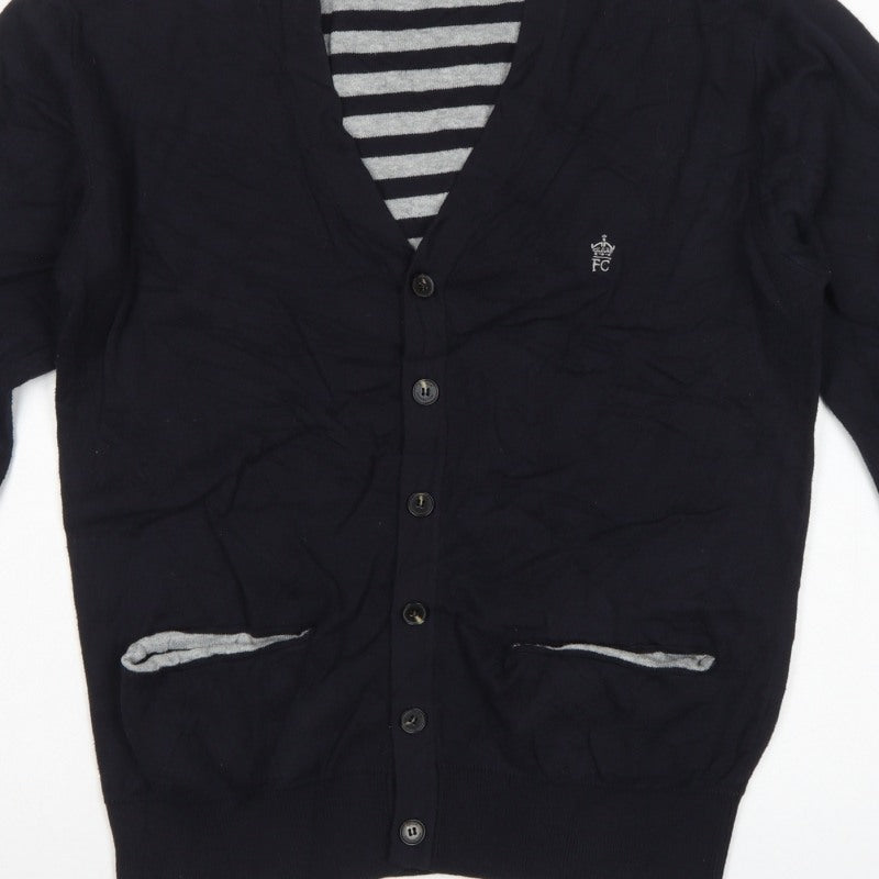 French Connection Men's Black M Button V-Neck Striped Knit Cardigan