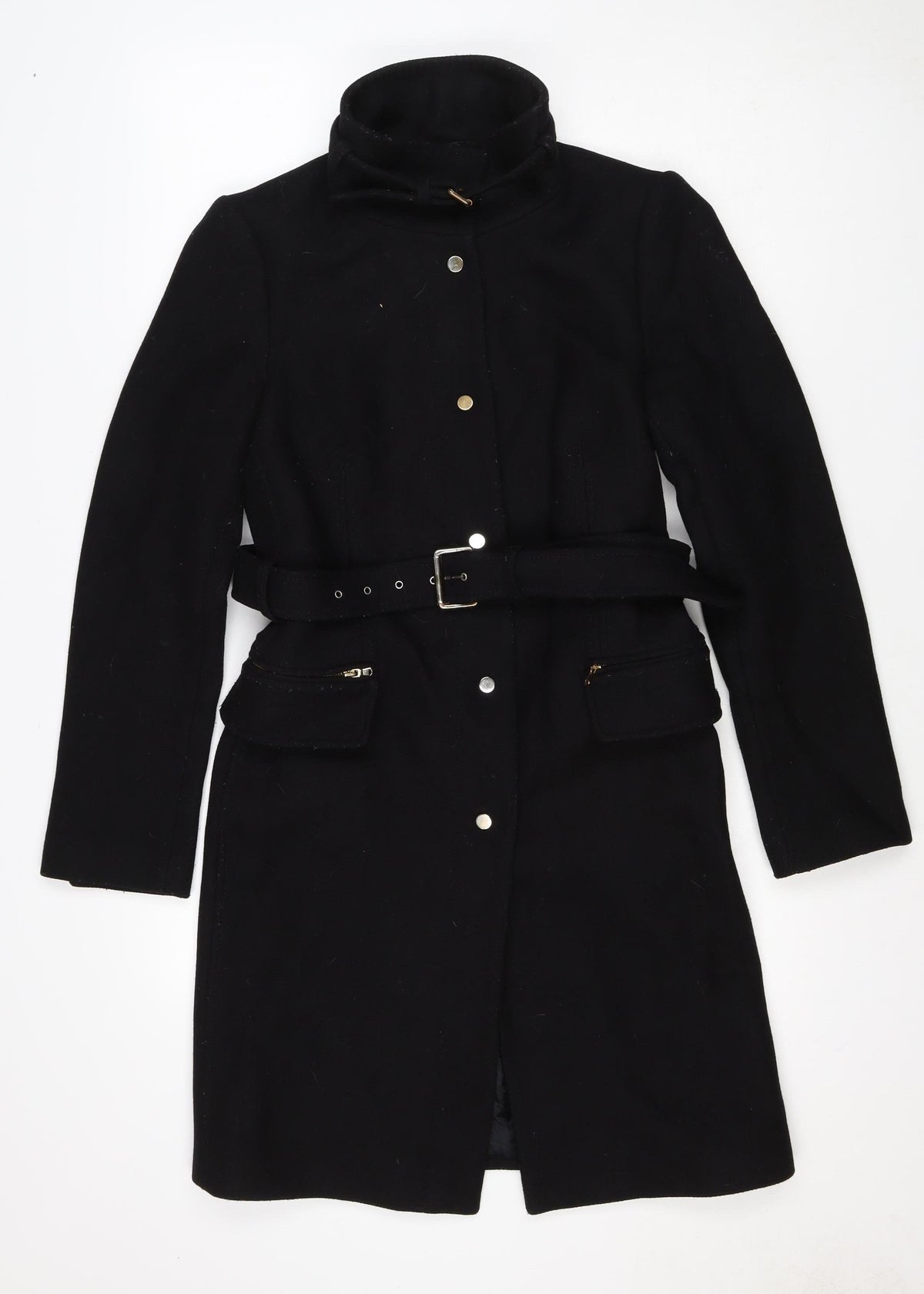 Zara Woman Black M Military Belted Mid-Length Coat