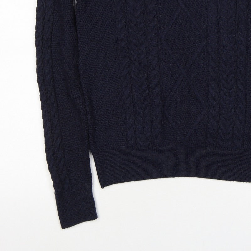 Woler Men's Blue S Cable Knit Shoulder Button Pullover Jumper