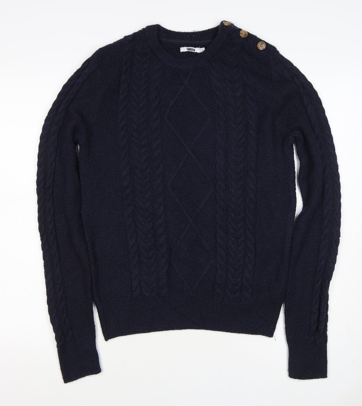 Woler Men's Blue S Cable Knit Shoulder Button Pullover Jumper