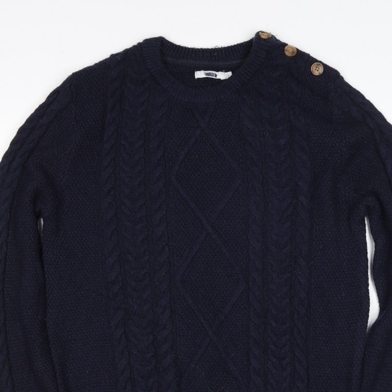 Woler Men's Blue S Cable Knit Shoulder Button Pullover Jumper