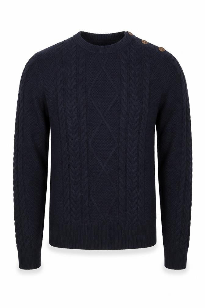 Woler Men's Blue S Cable Knit Shoulder Button Pullover Jumper