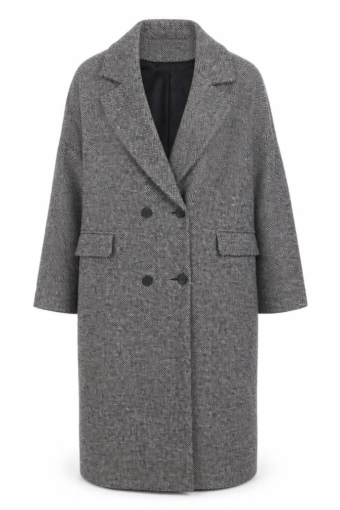 Etam Women's Grey UK 14 Long Double-Breasted Tweed Overcoat