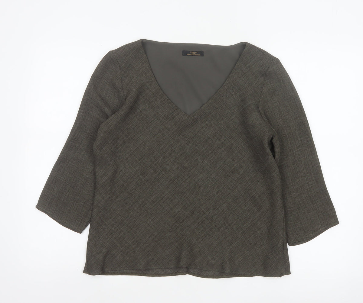 Marks and Spencer Women Grey UK 14 V-Neck Lined Tunic Bell Sleeve Top