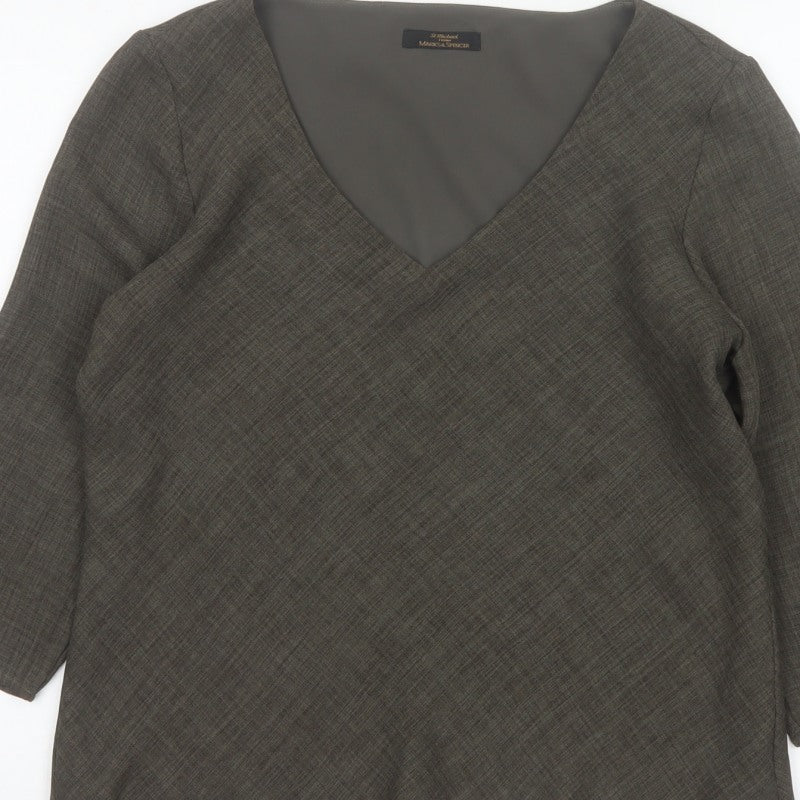 Marks and Spencer Women Grey UK 14 V-Neck Lined Tunic Bell Sleeve Top