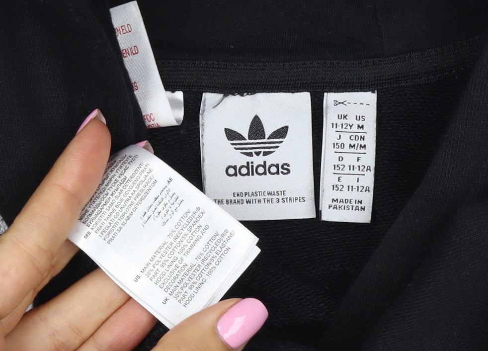 adidas Girls Black 11-12 Years Pullover Logo Hoodie 3 Stripe