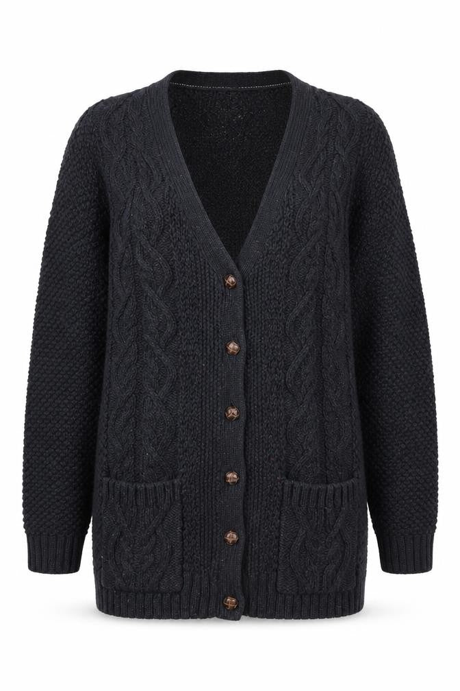 Women’s Black Size 12 Cable Knit V-Neck Button Cardigan