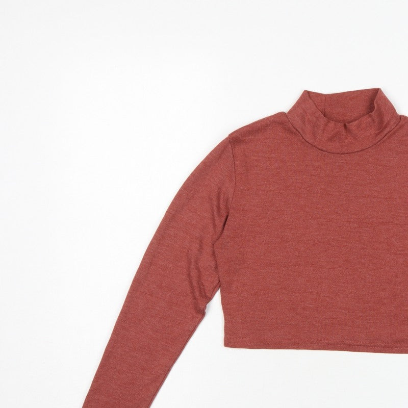 Boohoo Women Red UK 14 Cropped Roll Neck Long Sleeve Jersey Top