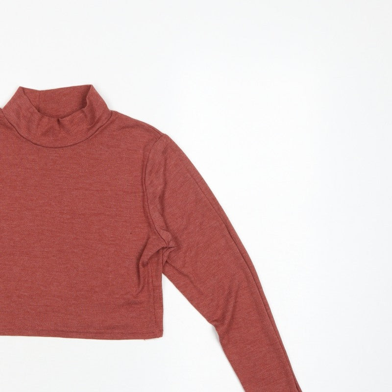 Boohoo Women Red UK 14 Cropped Roll Neck Long Sleeve Jersey Top