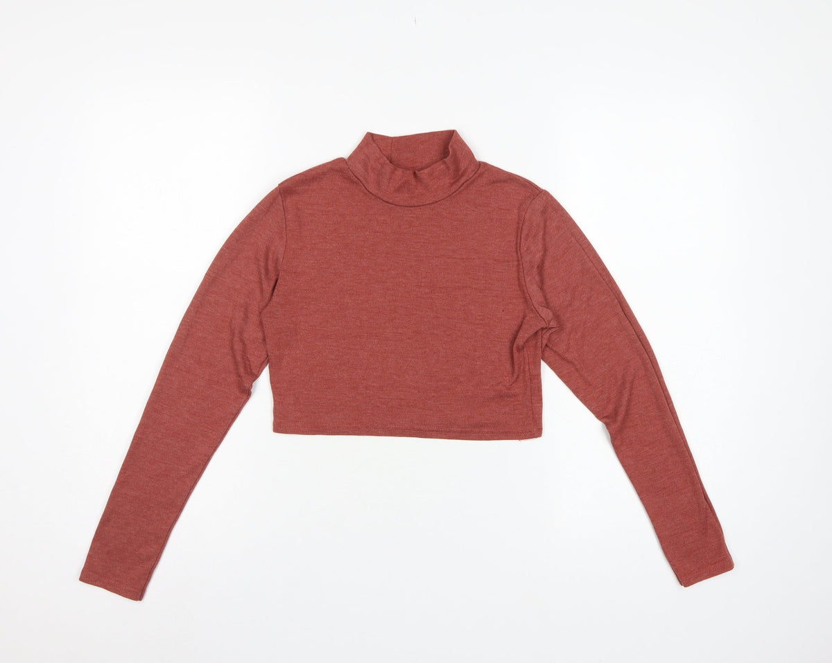 Boohoo Women Red UK 14 Cropped Roll Neck Long Sleeve Jersey Top
