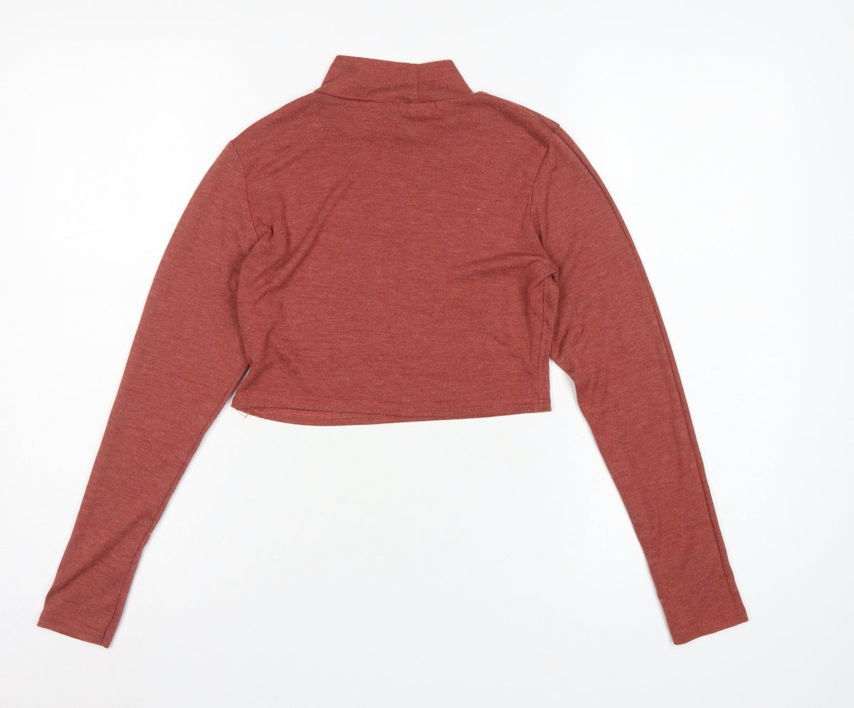 Boohoo Women Red UK 14 Cropped Roll Neck Long Sleeve Jersey Top