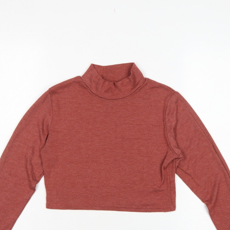 Boohoo Women Red UK 14 Cropped Roll Neck Long Sleeve Jersey Top