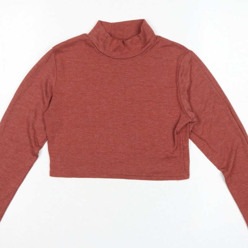 Boohoo Women Red UK 14 Cropped Roll Neck Long Sleeve Jersey Top