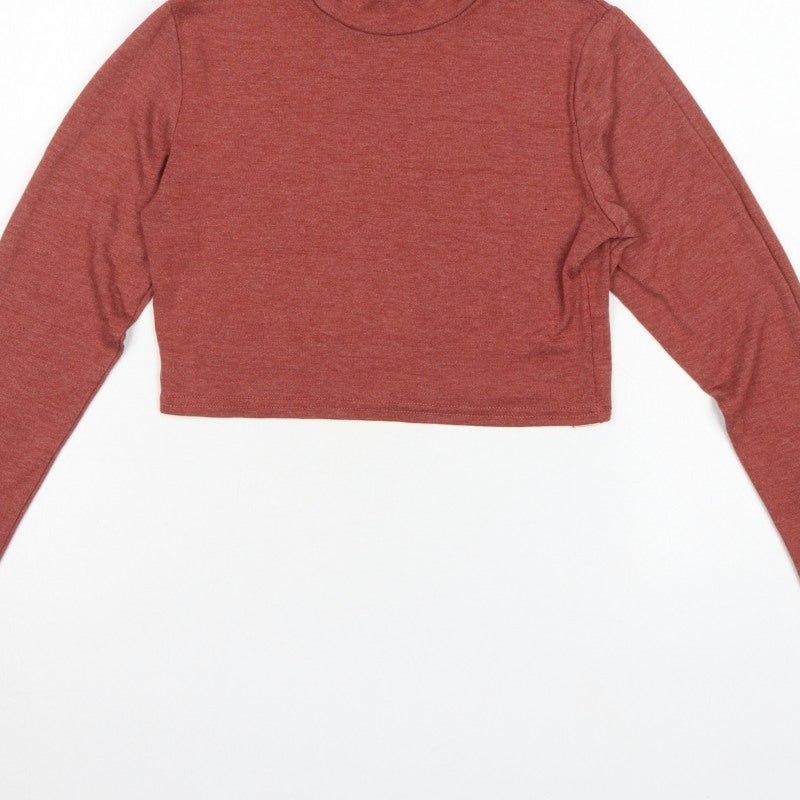 Boohoo Women Red UK 14 Cropped Roll Neck Long Sleeve Jersey Top