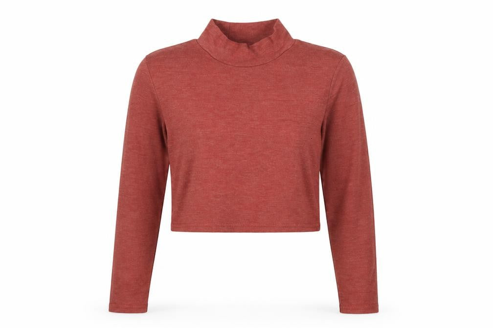 Boohoo Women Red UK 14 Cropped Roll Neck Long Sleeve Jersey Top