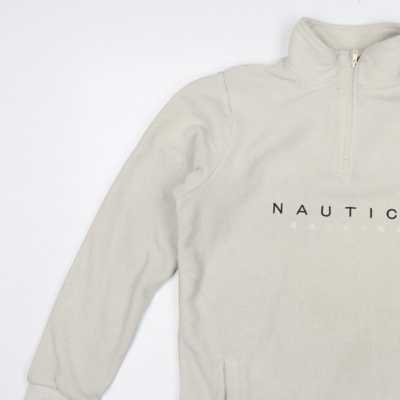Nautica Men Ivory S 1/4 Zip Fleece Sweatshirt Nautical Logo Pockets