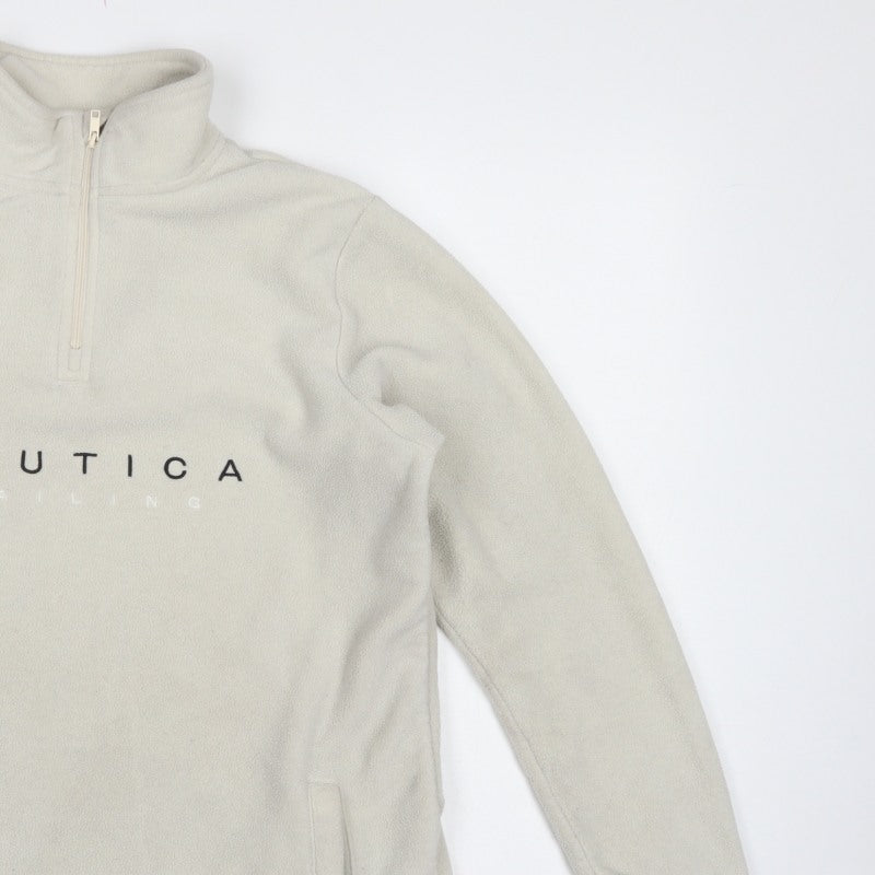 Nautica Men Ivory S 1/4 Zip Fleece Sweatshirt Nautical Logo Pockets