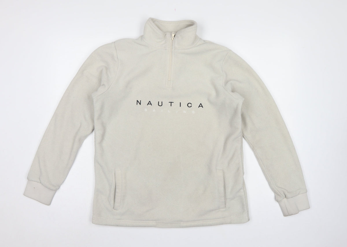 Nautica Men Ivory S 1/4 Zip Fleece Sweatshirt Nautical Logo Pockets