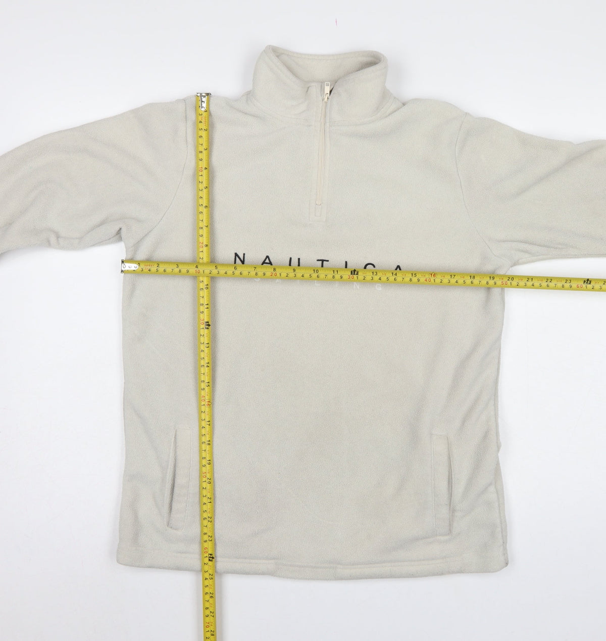 Nautica Men Ivory S 1/4 Zip Fleece Sweatshirt Nautical Logo Pockets