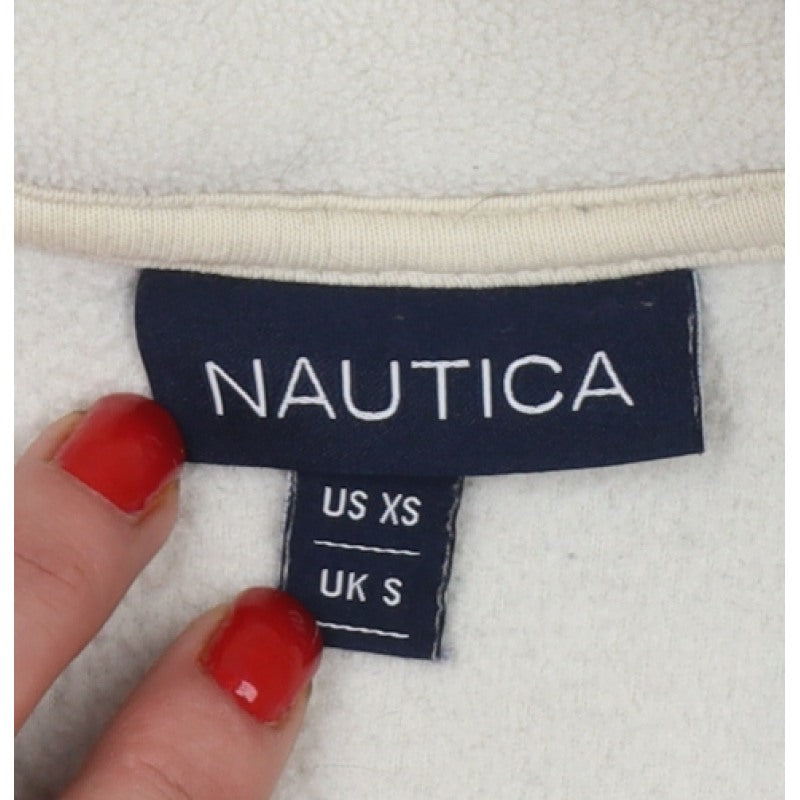 Nautica Men Ivory S 1/4 Zip Fleece Sweatshirt Nautical Logo Pockets