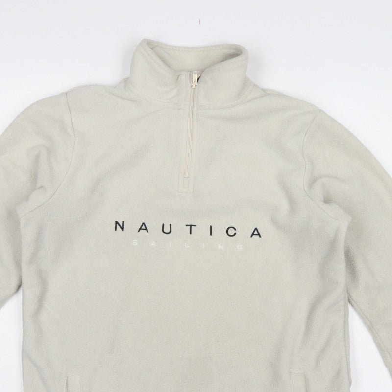 Nautica Men Ivory S 1/4 Zip Fleece Sweatshirt Nautical Logo Pockets