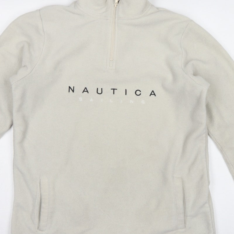 Nautica Men Ivory S 1/4 Zip Fleece Sweatshirt Nautical Logo Pockets