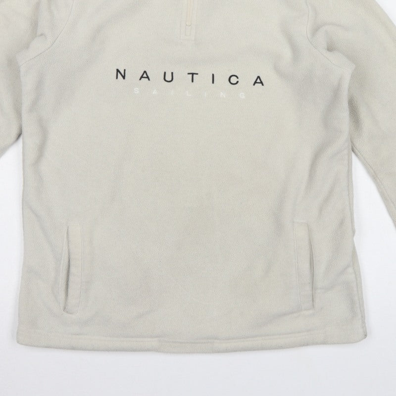 Nautica Men Ivory S 1/4 Zip Fleece Sweatshirt Nautical Logo Pockets
