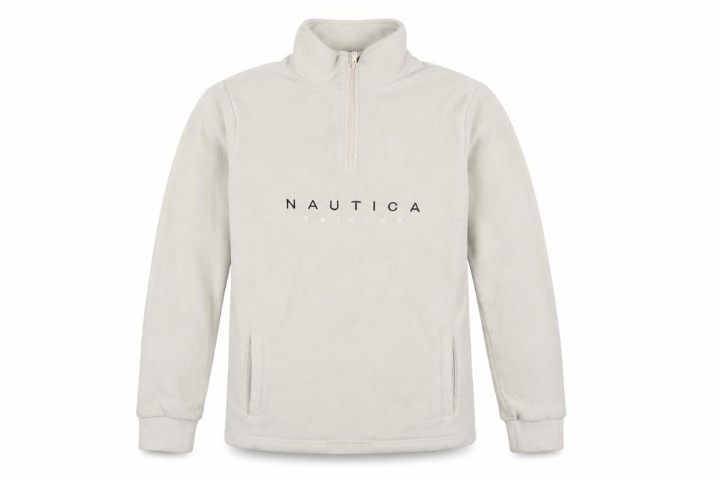 Nautica Men Ivory S 1/4 Zip Fleece Sweatshirt Nautical Logo Pockets