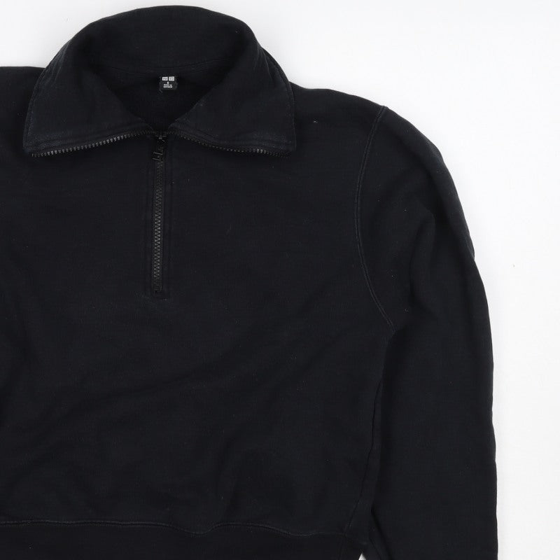 Uniqlo Women Black S Half Zip Cotton Sweatshirt Collared Long Sleeve