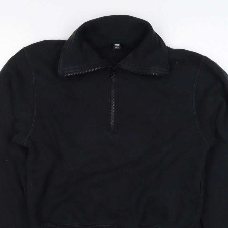 Uniqlo Women Black S Half Zip Cotton Sweatshirt Collared Long Sleeve