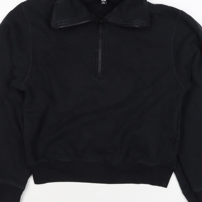Uniqlo Women Black S Half Zip Cotton Sweatshirt Collared Long Sleeve