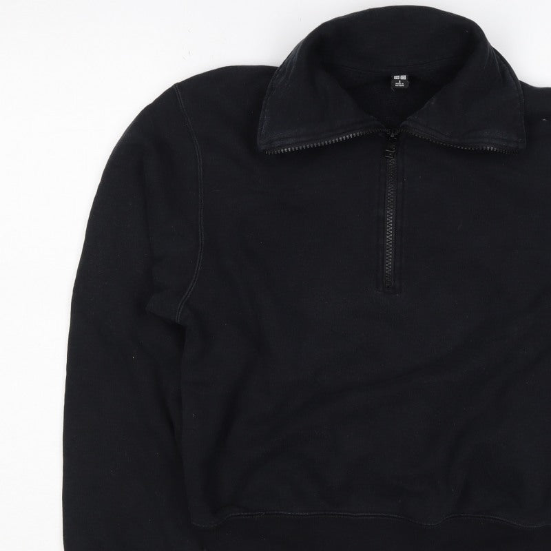 Uniqlo Women Black S Half Zip Cotton Sweatshirt Collared Long Sleeve