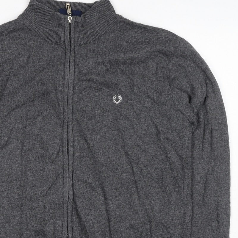 Fred Perry Men's Grey M Full Zip Mock Neck Logo Knit Sweatshirt