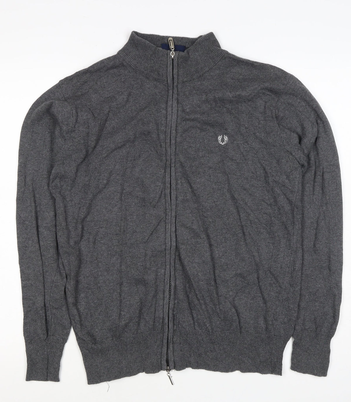 Fred Perry Men's Grey M Full Zip Mock Neck Logo Knit Sweatshirt