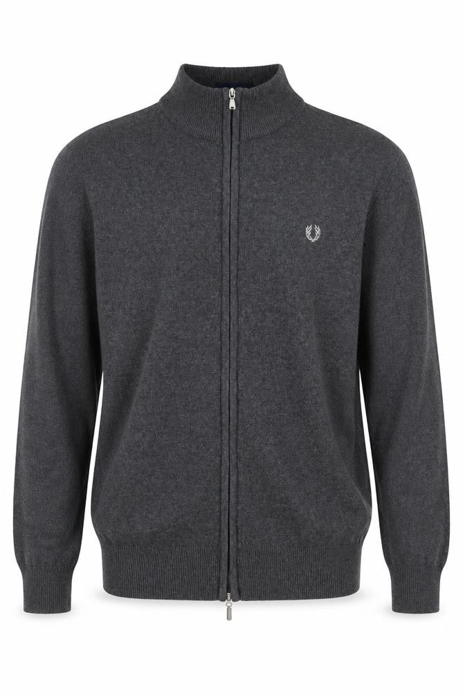Fred Perry Men's Grey M Full Zip Mock Neck Logo Knit Sweatshirt