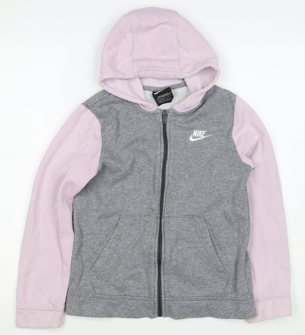 Nike Girls Grey Pink M Full Zip Hooded Fleece Hoodie Logo