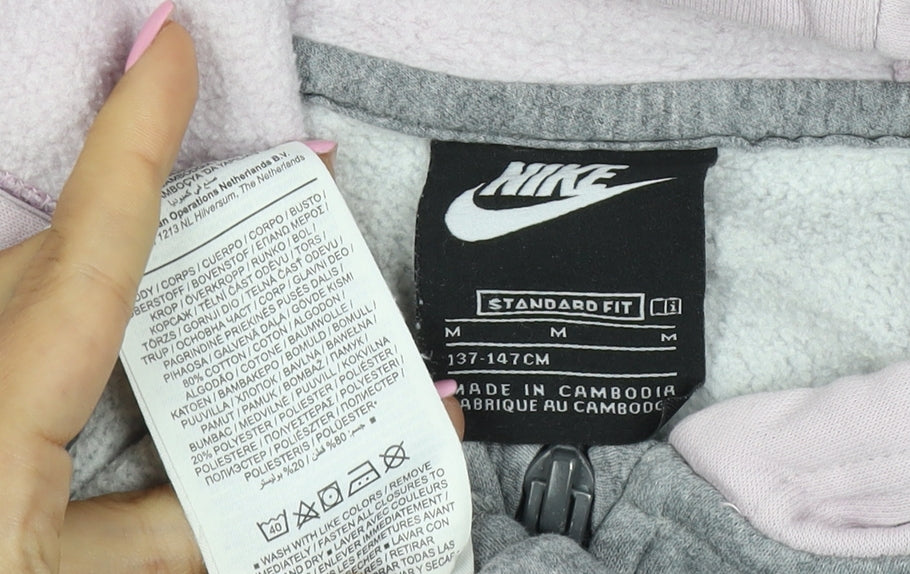 Nike Girls Grey Pink M Full Zip Hooded Fleece Hoodie Logo