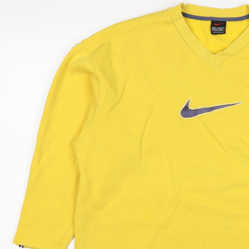 Nike Men’s Yellow L V-Neck Logo Embroidered Fleece Sweatshirt Vintage