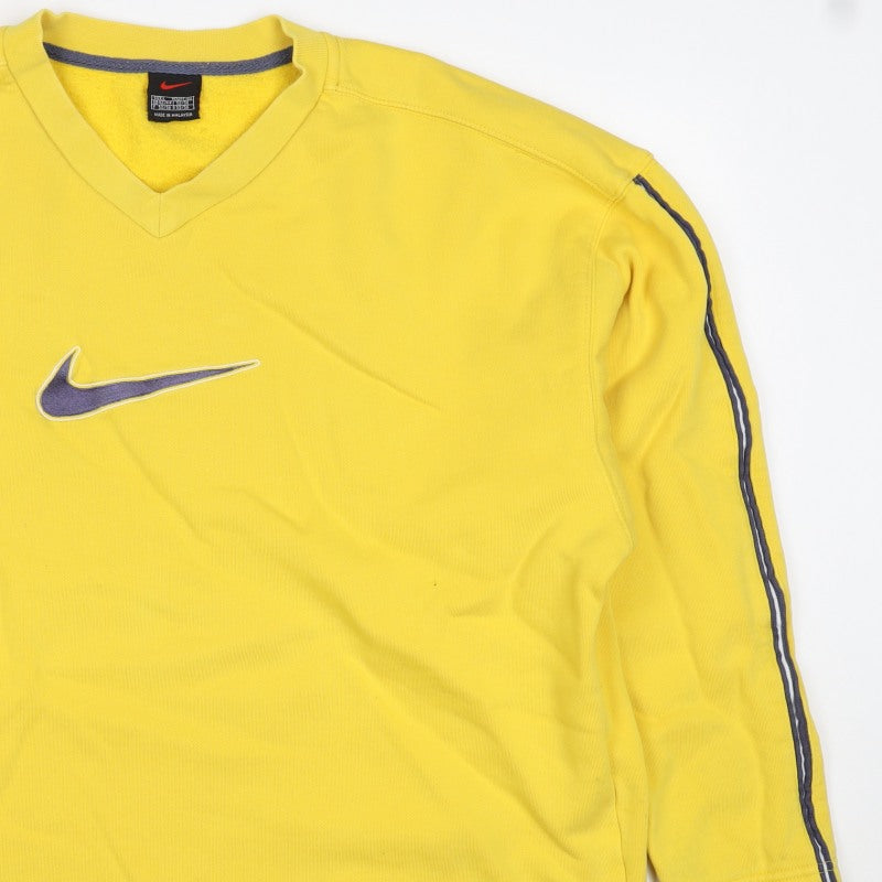 Nike Men’s Yellow L V-Neck Logo Embroidered Fleece Sweatshirt Vintage