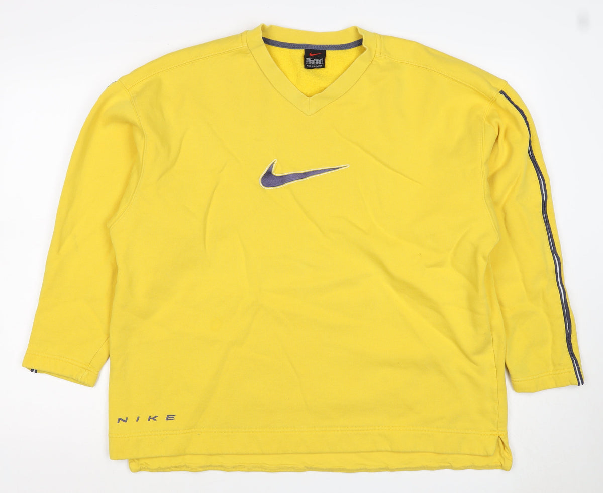 Nike Men’s Yellow L V-Neck Logo Embroidered Fleece Sweatshirt Vintage