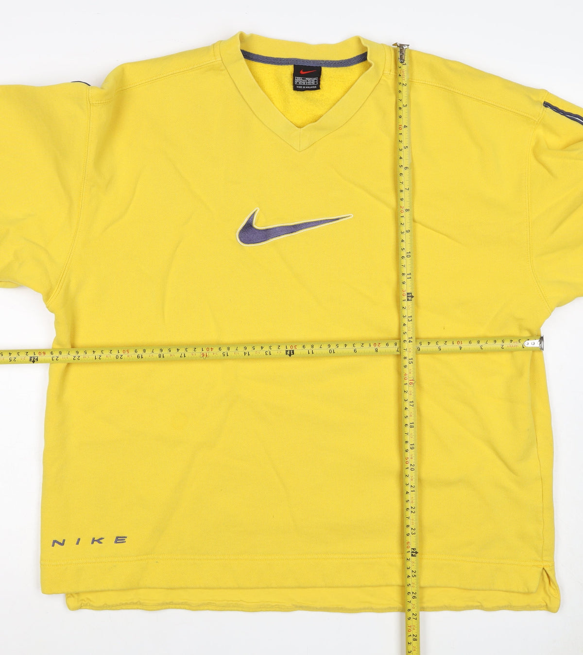 Nike Men’s Yellow L V-Neck Logo Embroidered Fleece Sweatshirt Vintage