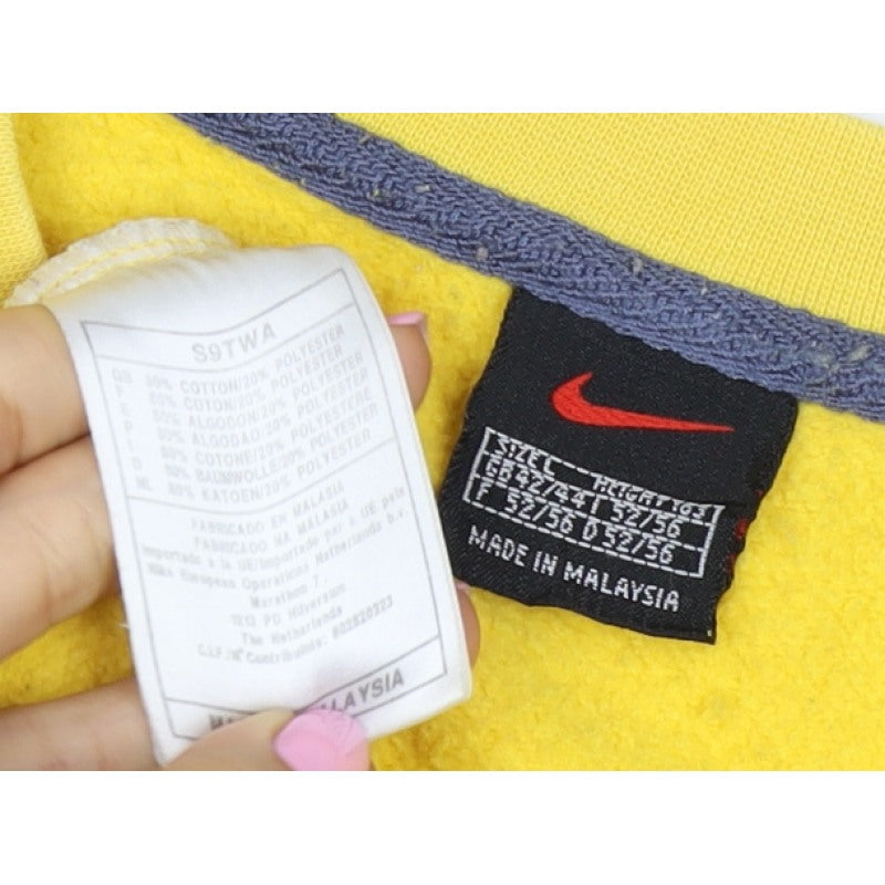 Nike Men’s Yellow L V-Neck Logo Embroidered Fleece Sweatshirt Vintage
