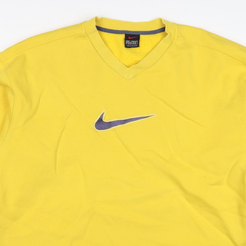 Nike Men’s Yellow L V-Neck Logo Embroidered Fleece Sweatshirt Vintage