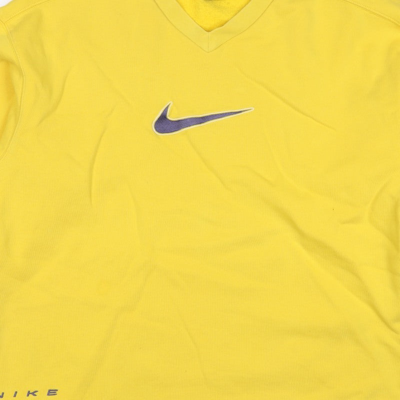 Nike Men’s Yellow L V-Neck Logo Embroidered Fleece Sweatshirt Vintage