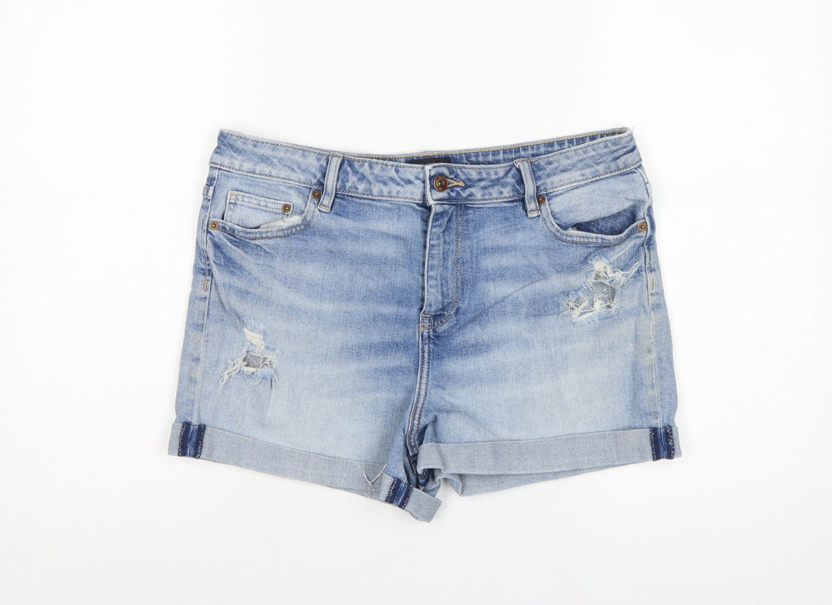 F&F Women Blue Denim Distressed Cuffed Shorts UK 14
