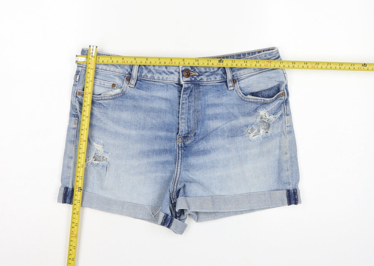 F&F Women Blue Denim Distressed Cuffed Shorts UK 14